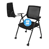 Foldable Conference Chair with Tablet Arm, Folding Office Chair with Lumbar Support, Foldable Desk Chair, Stackable Office Chairs, Ergonomic Mesh Back, for Meeting, Church