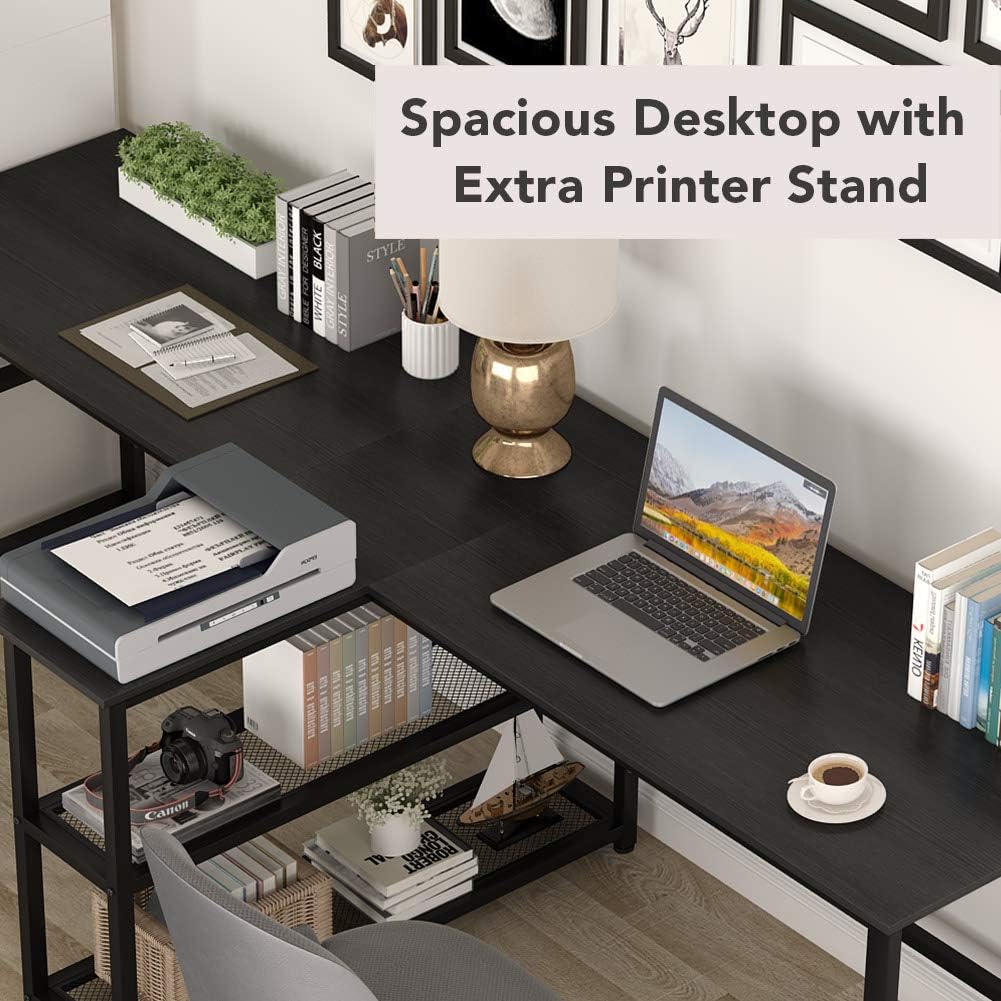 Tribesigns 90.5 inch Computer Desk, Extra Long Two Person Desk with Storage Shelves, Double Workstation Office Desk Study Writing Desk for Home Office (Black, 94.5x19.7 in)