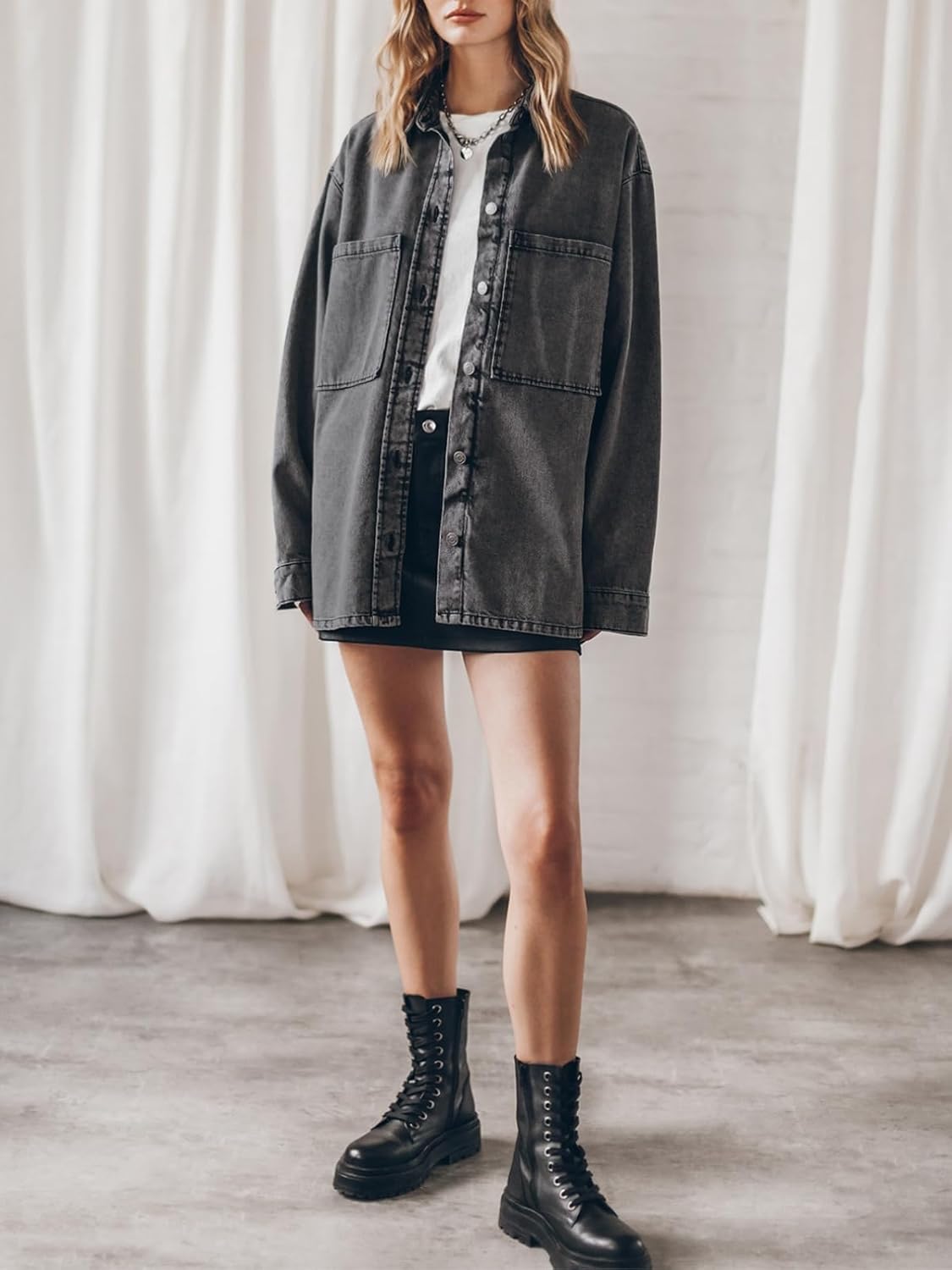 PLNOTME Womens Oversized Jean Jacket Casual Button Up Denim Overshirt Trendy Long Sleeve Denim Jacket Coat - Image 5