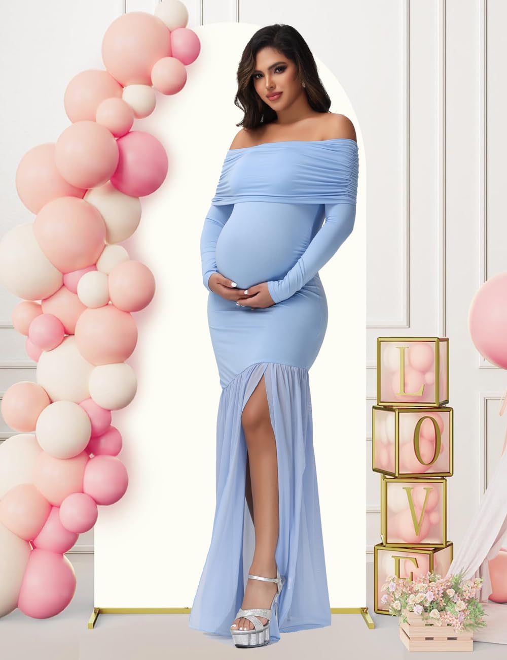 JustVH Maternity Long Sleeve Off Shoulder Baby Shower Dress Party Mesh Paneled Split Maxi Photography Gown for Photoshoot