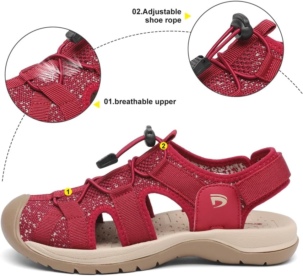 Dannto Women's Sports Sandals, Trekking Sandals, Outdoor Sandals, Closed Rubber Hiking Sandals, Summer Lightweight For Travel, Hiking Red (Red A) 42 EU