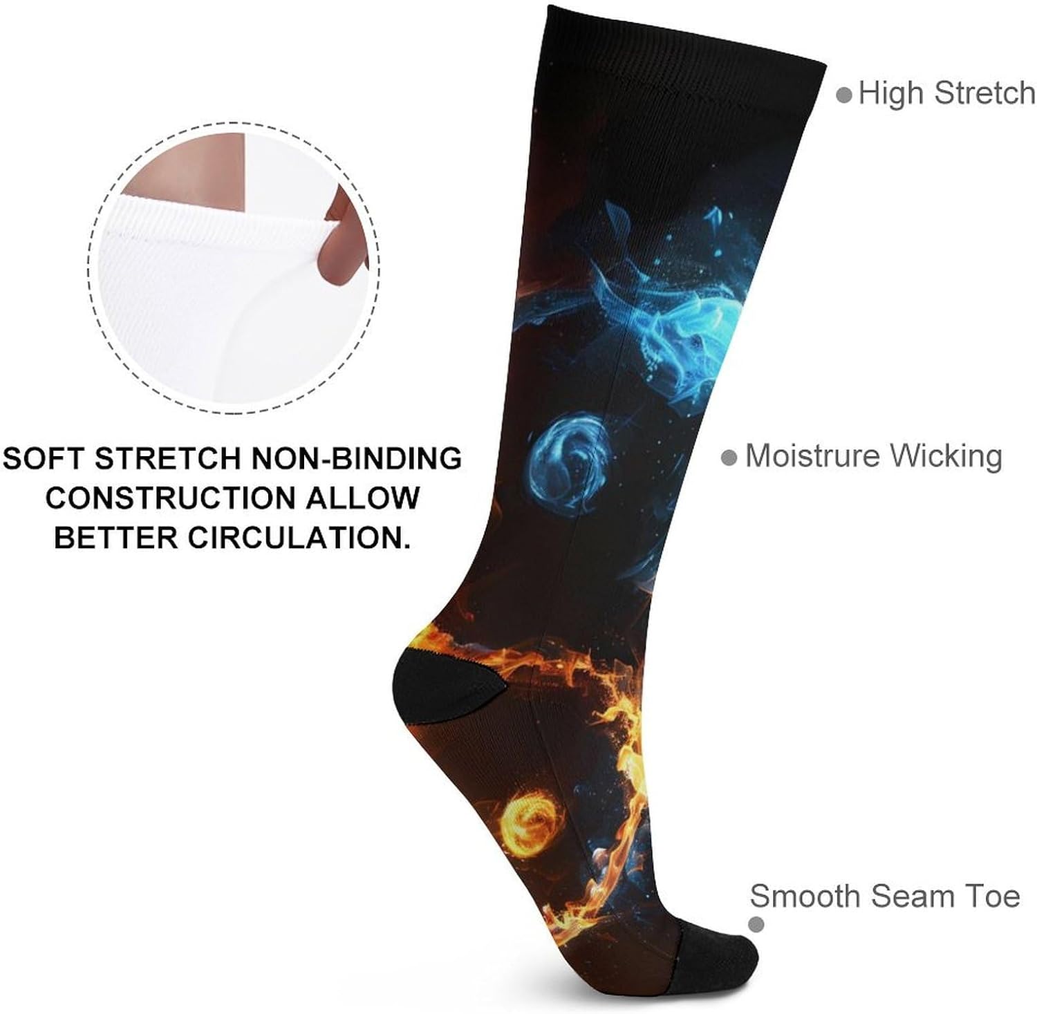 Fire And Water Ying-and-Yang Knee High Socks Athletic Long Stockings Sport Casual Crew Tube Sock Boot 46cm