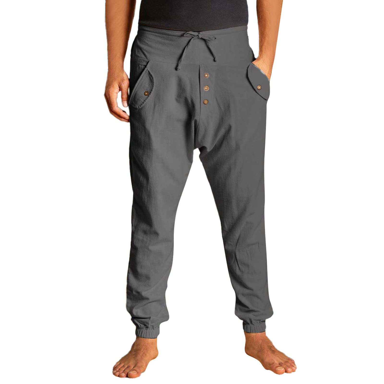 Generico Pantaloni Sportivi Cargo da Uomo Pantaloni di Lino da Uomo con Bottone a Pressione Casual Elasticizzati a Righe La vestibilità Slim con Stampa Quri Casual Spiaggia Leggeri Estivi