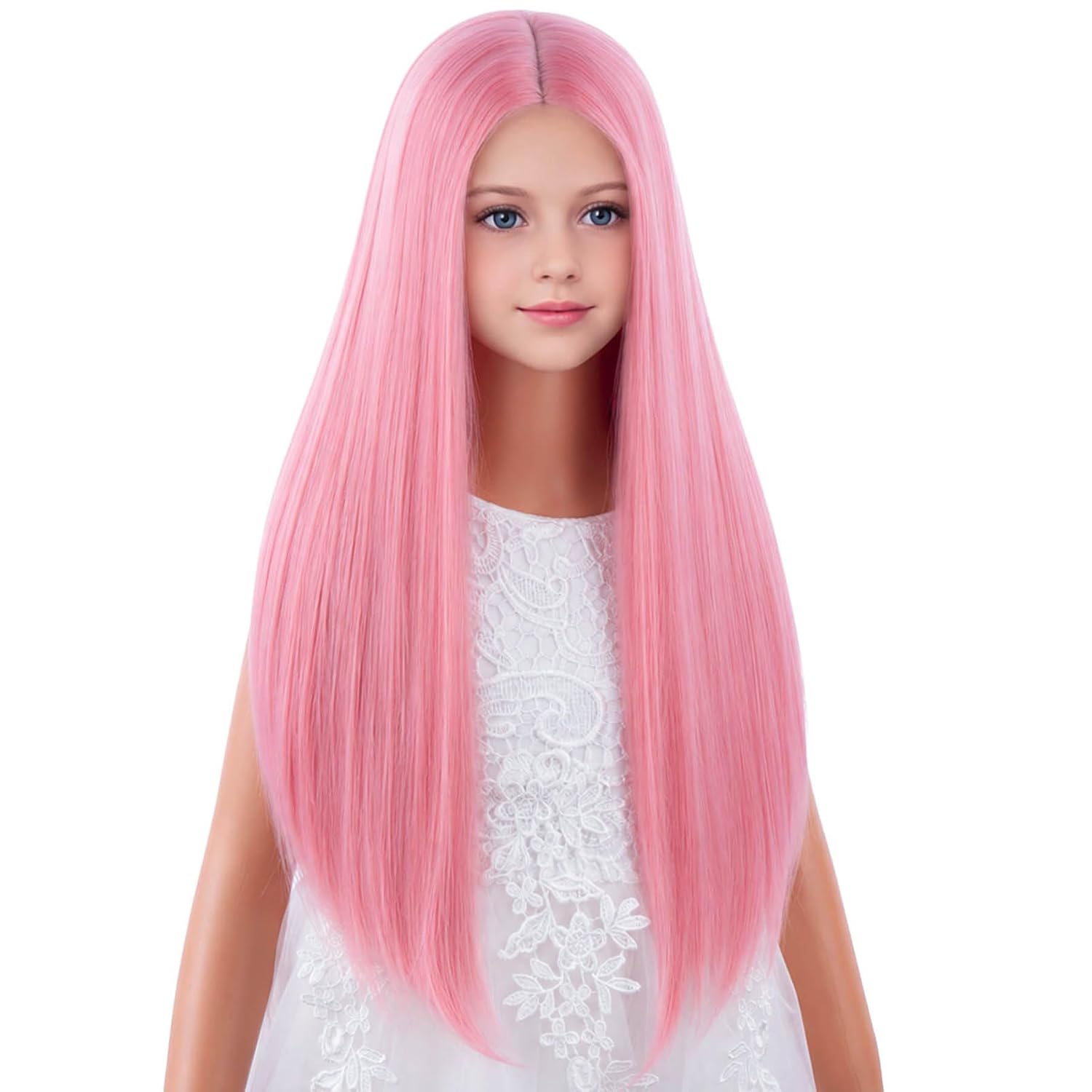 Kids Pink Wig Girls Pink Long Wig Child Middler Part Straight Wigs | Children Pastel Wig,Daily Party Cosplay Use,Halloween Costume,Synthetic Fiber,Heat Resistant