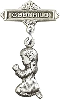 Sterling Silver Baby Badge with Praying Girl Charm and Godchild Badge Pin 1 1/8 X 5/8 inches