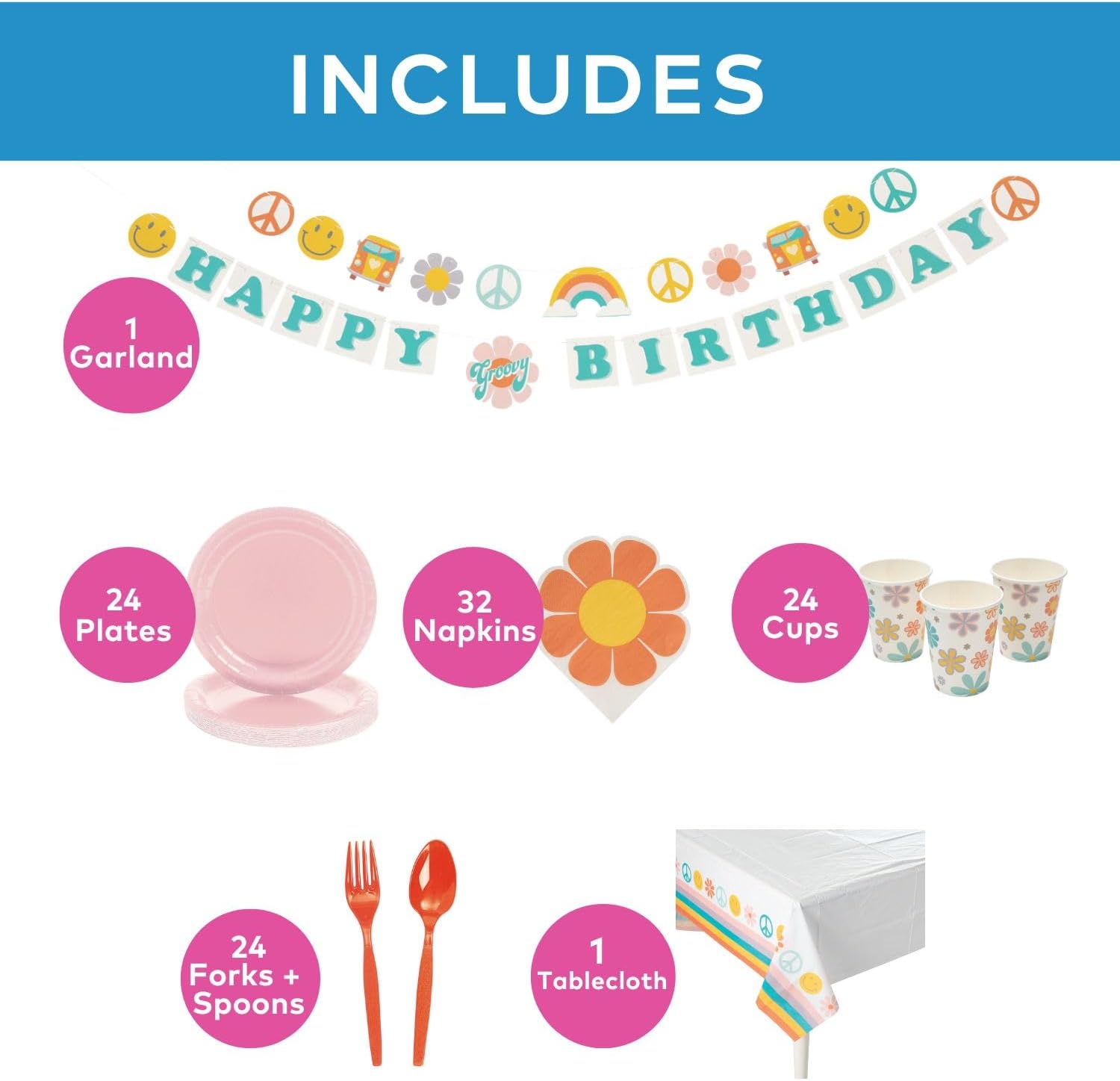 131 Piece Groovy Birthday Party Disposable Tableware Kit for 24 Guests, Napkins, Plates, Cups, Cutlery, Garland and Tablecover Included