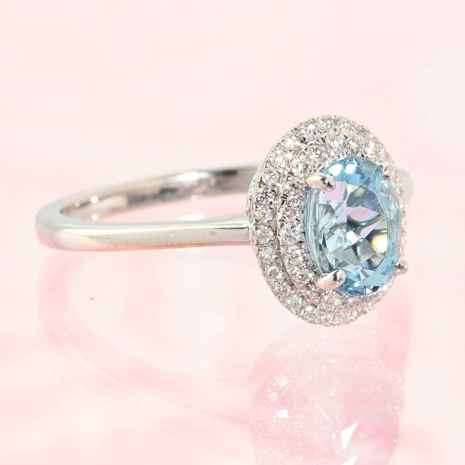 ILIANA AAA Blue Aquamarine White Diamond Oval 18K White Gold Halo Ring for Women Jewelry Size 8 Ct 0.86 G-H Color Si1 Clarity Birthday Christmas Gifts