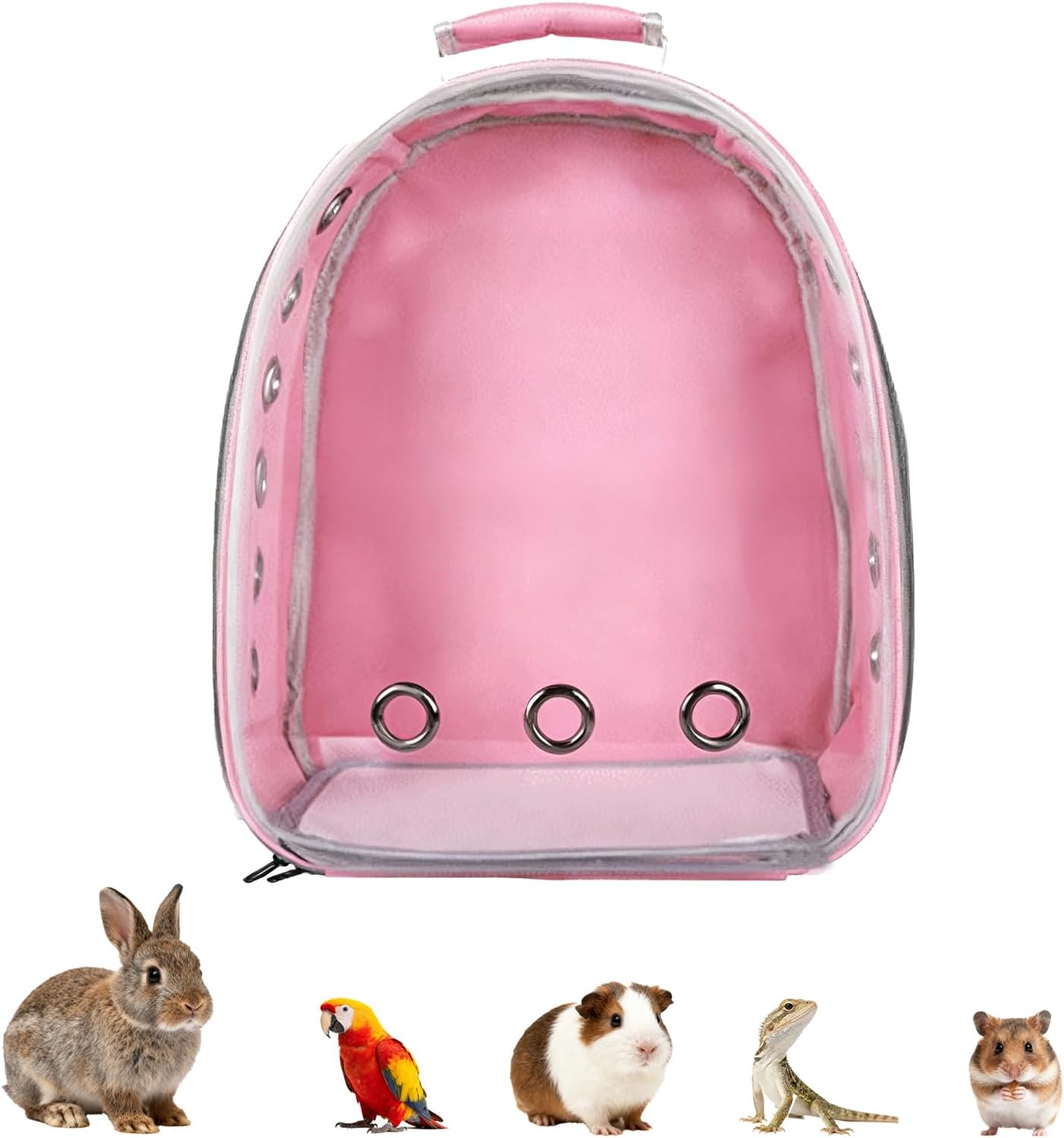 Transparent Parrot Backpack,12 Holes Ventilate Space Capsule Carrier,Stick Wooden Standing Perch,Portable Double Shoulder Outdoor Pet Backpack Carrier for Birds and Pets (Pink,Without Stick)