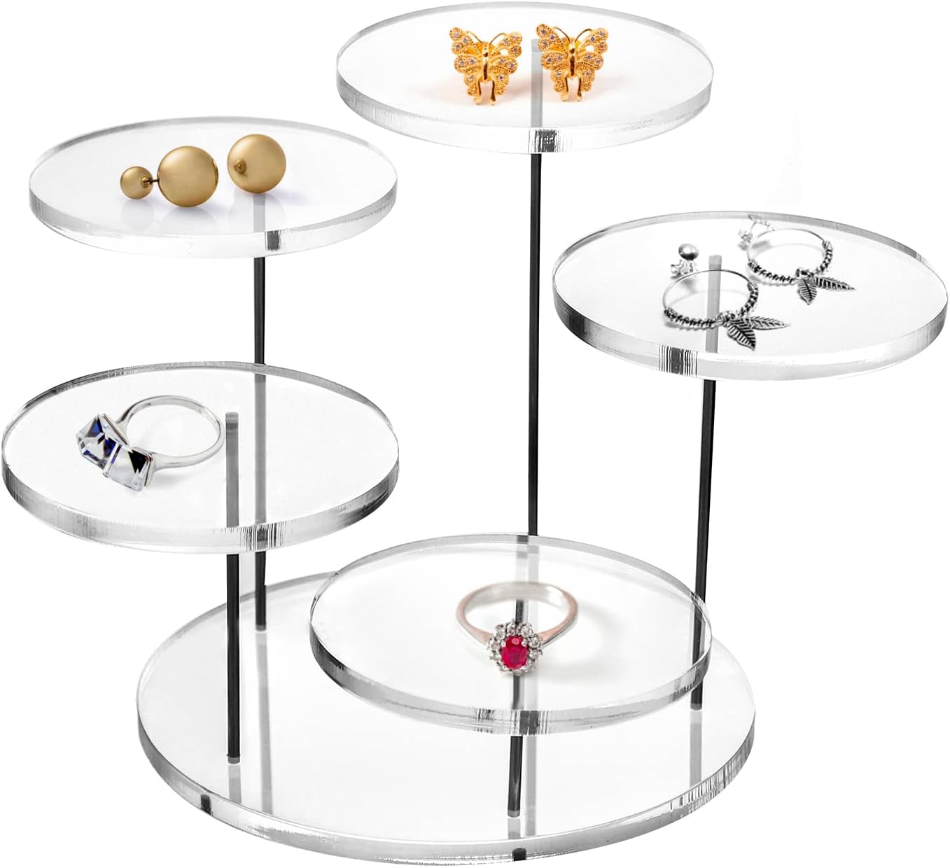 QWORK Round Acrylic Products Display Riser Stands, 5 Tier Displaying Risers Display Stands for Rings Earrings and Mini Figurines, Clear 1 Pack