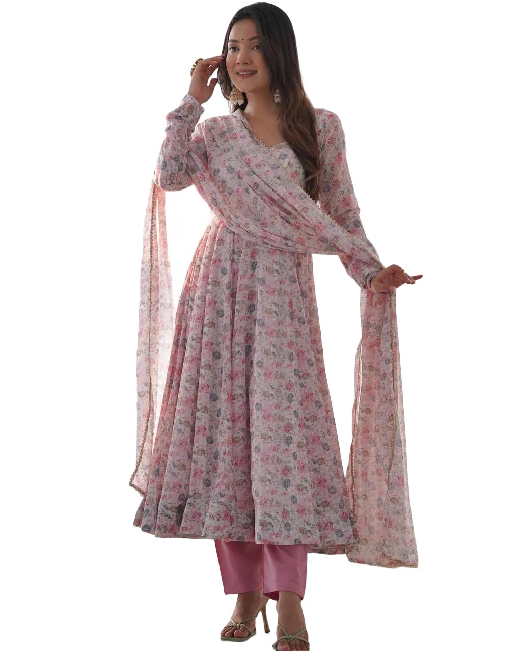Womens Premium Floral Print Chiffon Anarkali Kurta Set with Printed Dupatta and Stitched Pant Fully Stitched Traditional Ethnic Wear-picture-45