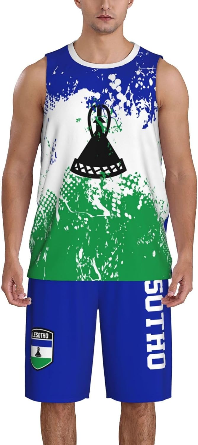 Lesotho Flag Grain Basketball Jersey Uniform Suit for Men Adults Training Athletic Set