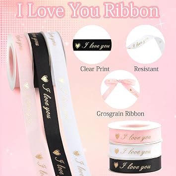 Valentines Ribbon for Flower Bouquet 5/8 Inch 10 Yards I Love You Ribbon for Gift Wrapping Grosgrain Ribbons Black I Love You Wedding Ribbons for Valentines Day Bows DIY Cake Decorations