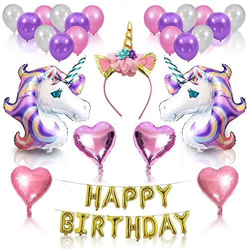 Unicorn Party Supplies and Decorations for Girls Birthday Party, Unicorn Kit with Helium Balloons Gold Glitter Unicorn Headband Horn Unicorn Banner