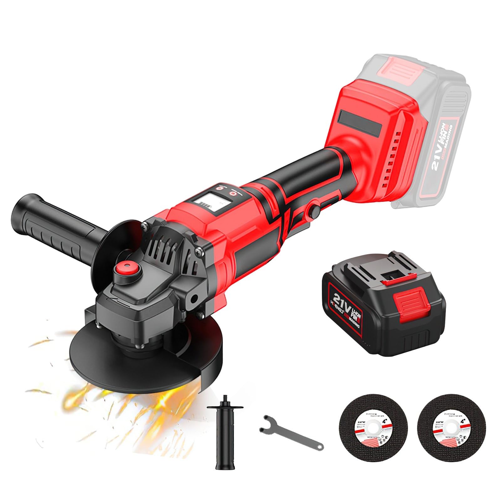Accu-haakse slijper 125 mm, 21 V haakse slijper met 1 x 4,0 Ah accu, 6-traps regelbaar, 9000 omw/min, borstelloze motor, metalen slijper met waaierschijf voor het scheiden, ontdoken en slijpen