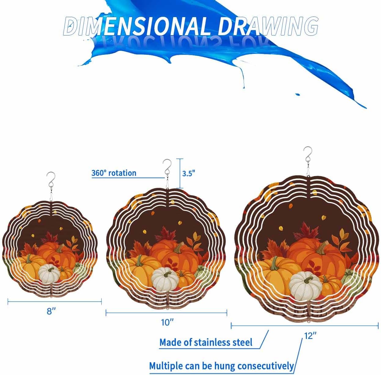 Happy Fall Y'all Wind Spinners, Retro Autumn Pumpkins Leaves Hanging Wind Spinners for Yard and Garden 3D Stainless Steel Metal Sculptures Crafts Ornaments 12 Inch