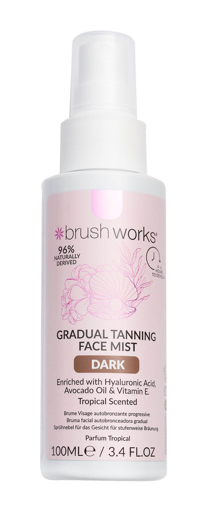 Brushworks Gradual Tanning Face Mist Dark 100ml â€“ Hydrating Self Tan Spray with Hyaluronic Acid, Avocado Oil & Vitamin E, Tropical Scented Vegan Formula