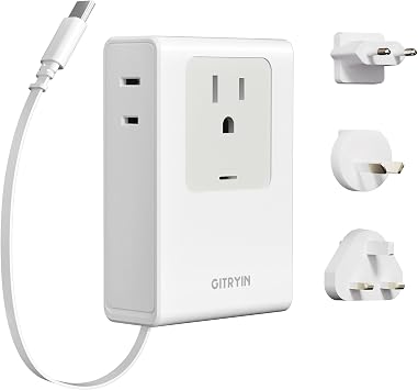 Gitryin Flat USB C Charger with 31.5in Retractable Type-C Cable, 5-in-1 Wall Charger with 3 Outlets 1 USB C Port, 40W Fast Charging European Travel Plug with 3 Pack Type C/G/I Detachable Attachments
