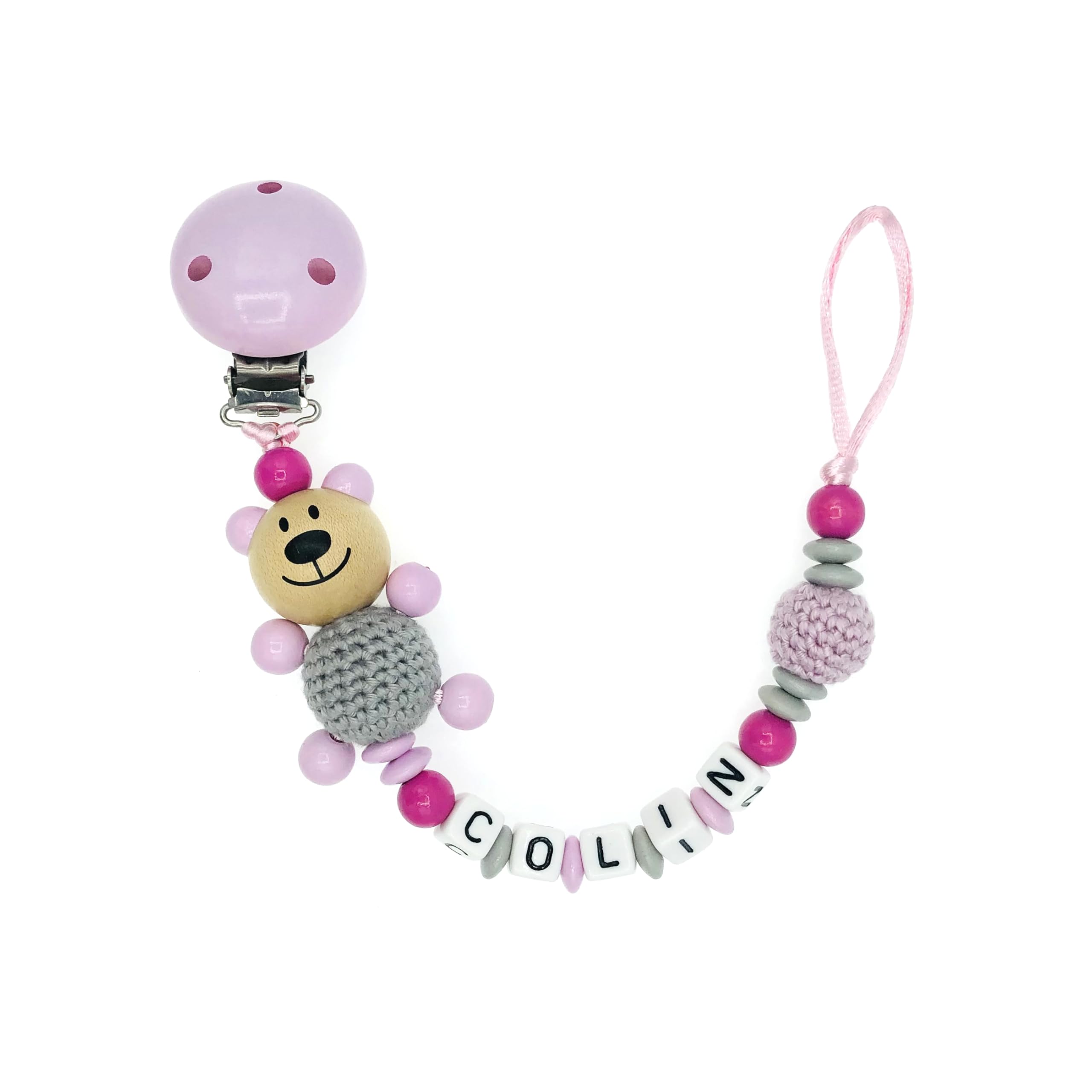 Set Nuckelkette + Kinderwagenkette mit Namen " 3D - BÄR MIT HÄKELKÖRPER/TEDDYBÄR " Rosa Hellgrau Pink/Baby/Unisex/Personalisiert/HANDMADE