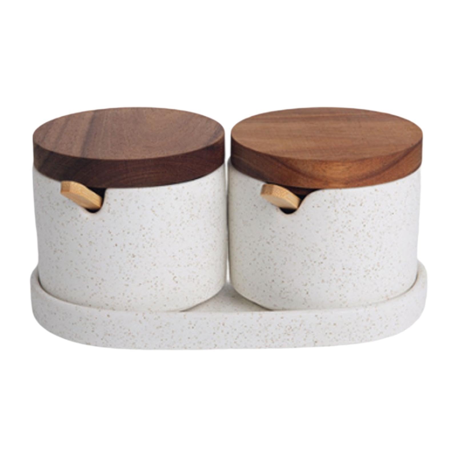 2 Tarros para Especias Y Condimentos, Tapa de, Cuchara Y Bandeja de Cerámica. Diseño Moderno, Ideal para El Hogar Y La Cocina. Regalo, 2 Piezas