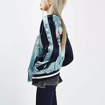 Women's Reversible Crane Tiger Fujiyama Embroidery Bomber Jacket Japanese Style Pink Blue