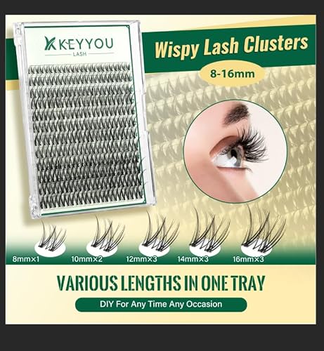 KEYYOU LASH Lash Clusters Kit Natural 144pcs 8-16MIX Lash Extension Kit Wispy Lash Clusters C curl with Bond and Seal,Remover,Applicators for DIY Fluffy Eyelash Clusters at Home (KY05 Kit) — view 2