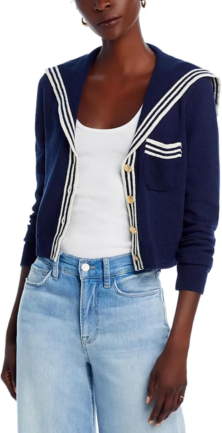Women's V Neck Cardigan Sweaters Cropped Sailor Collar Button Up Knit Long Sleeve Open Front Coat