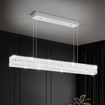 Dimmable Led Crystal Ring Chandelier for Dining Room, Modern Rectangle Crystal Pendant Lighting Kitchen Island,47.2in Linear Chandelier Hanging Light Over Table