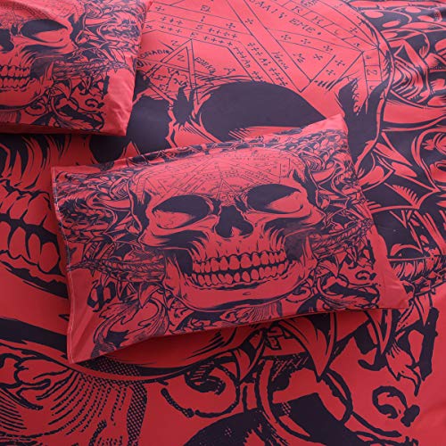 Ysj 3 Pcs Skull Twin Full Queen King Duvet Cover Set With Zipper Closure,Ties-Black Red Skull Pattern Printed-King Size Bedding Set Comforter Protector Pillowcases (Queen) #TOP2