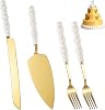 4 Piece Gold Cake Serving Set with Pearl Handle Stainless Steel Cake Knife and Fork Set Cake Serving Set with Gift Box for Weddings Anniversaries Birthdays