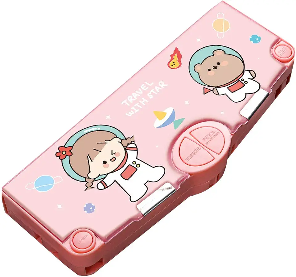 Multifunction Cartoon Pencil Box, 2 Compartments Student Stationery Case, Integrated Design with Pop Out Scissors and Pencil Sharpener, Portable Desktop Storage Box for School Daily Use