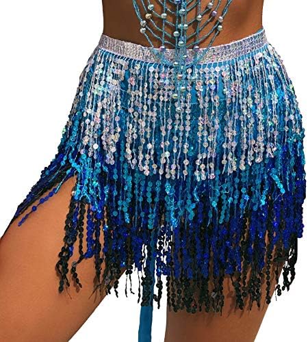 MUNAFIE Women's Belly Dance Hip Scarf Performance Outfits Skirt Festival Clothing Silver/Blue/Blue