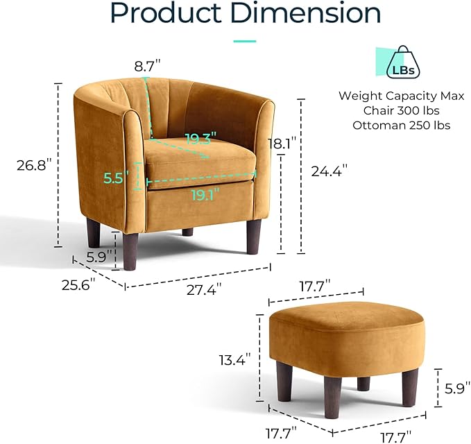 Sillón con Otomano, Sillón Barrel Moderno, Sillón Pequeño Lectura con Reposapiés, Terciopelo Amarillo miniatura 2