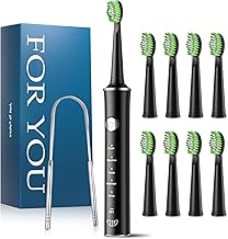 JTF Sonic Electric Toothbrush with 8 Heads & Tongue Scraper, 5 Modes and Smart Memory, 2 Minute Timer, IPX7 Waterproof, Rechargeabilité Quick Charge 3H, Adult (Black)