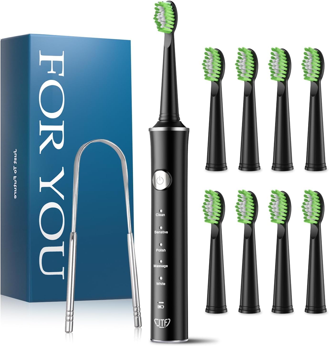 JTF Elektrische Schallzahnbürste für Erwachsene – 5 Modi, 45 Tage Akkulaufzeit, 8 Bürstenköpfe, IPX7 Wasserdicht, Smart Timer, Reisefreundlich – Premium Sonic Zahnbürste Set für Familie (Schwarz)