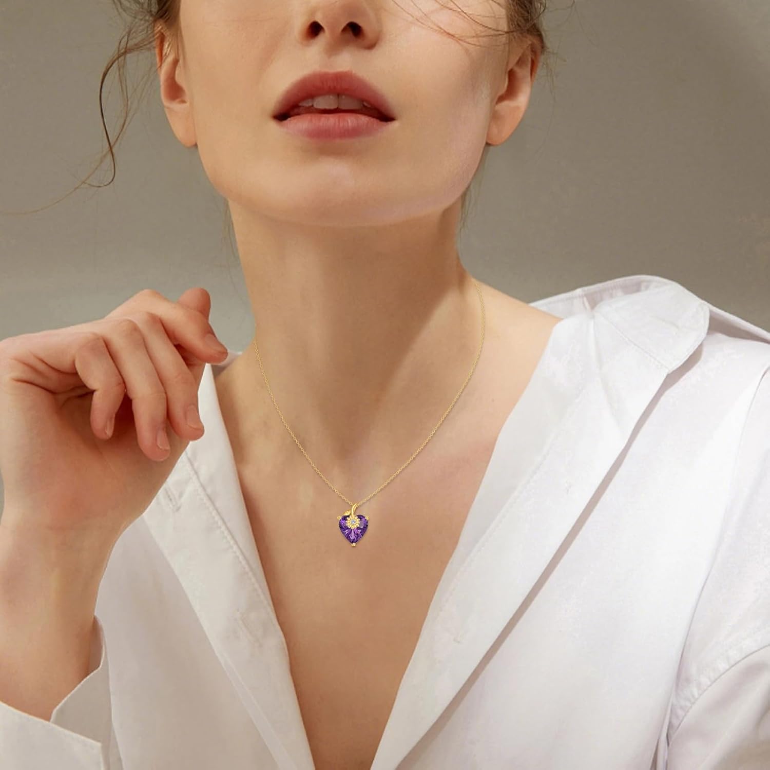 14K Solid Gold Heart Birthstone Necklace 3 Carat Created Gemstone Sunflower Pendant Necklaces Fine Jewelry Gifts for Women, Sterling Silver Chain 18"+2" Extender - Image 3