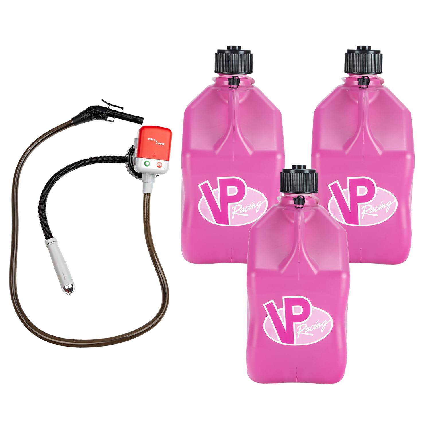 VP Racing 3812-CA, 5.5-Gallon Square Motorsport Jug Pink (3 Pack), w/Battery Powered Fluid Transfer Pump (1 Pack)