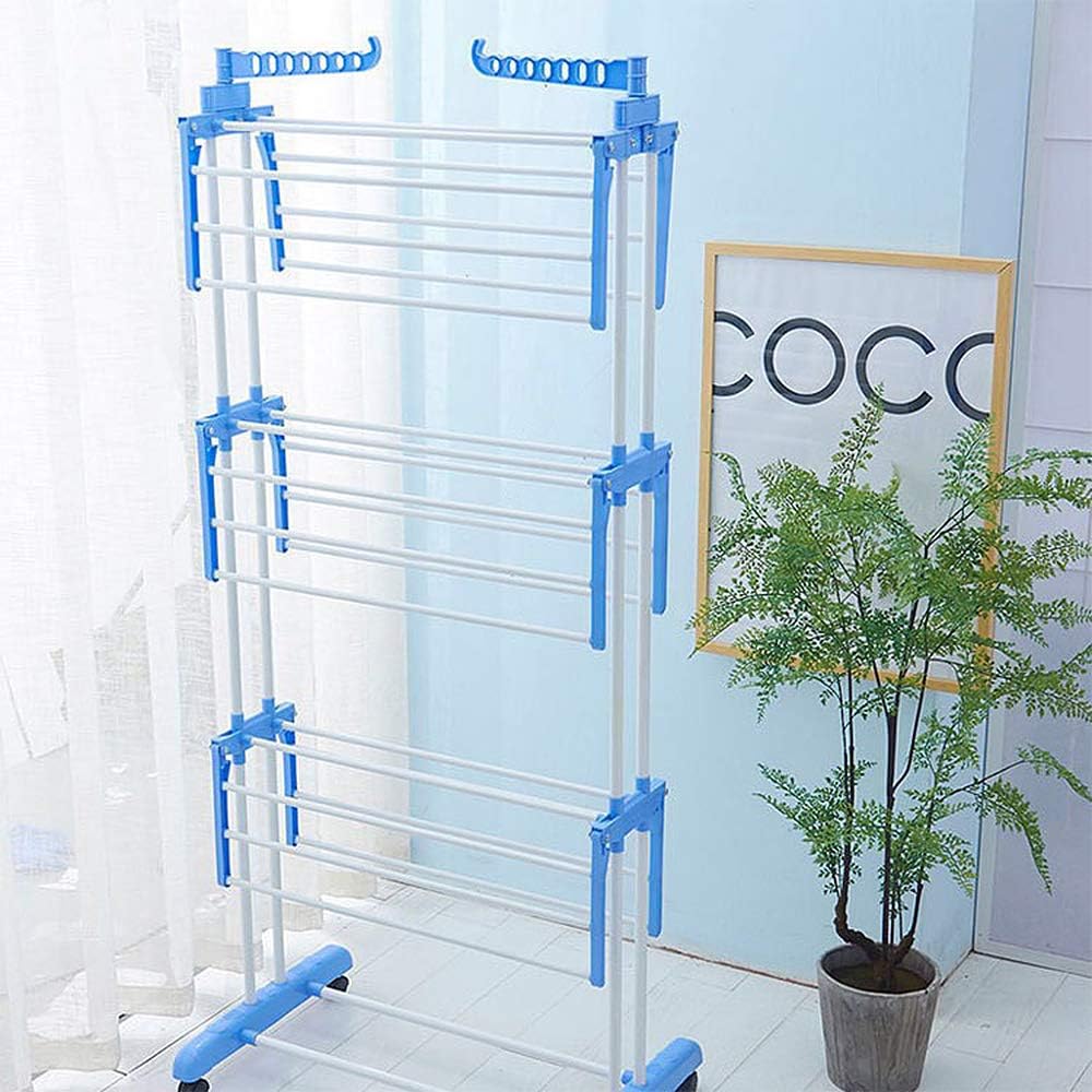 XXL Space Saving Vertical Clothes Drying Rack with 3 Levels & 2 Foldable Side Wings Indoor/Outdoor Laundry Drying Stand 75 * 64 * 170 cm (Blue & White)