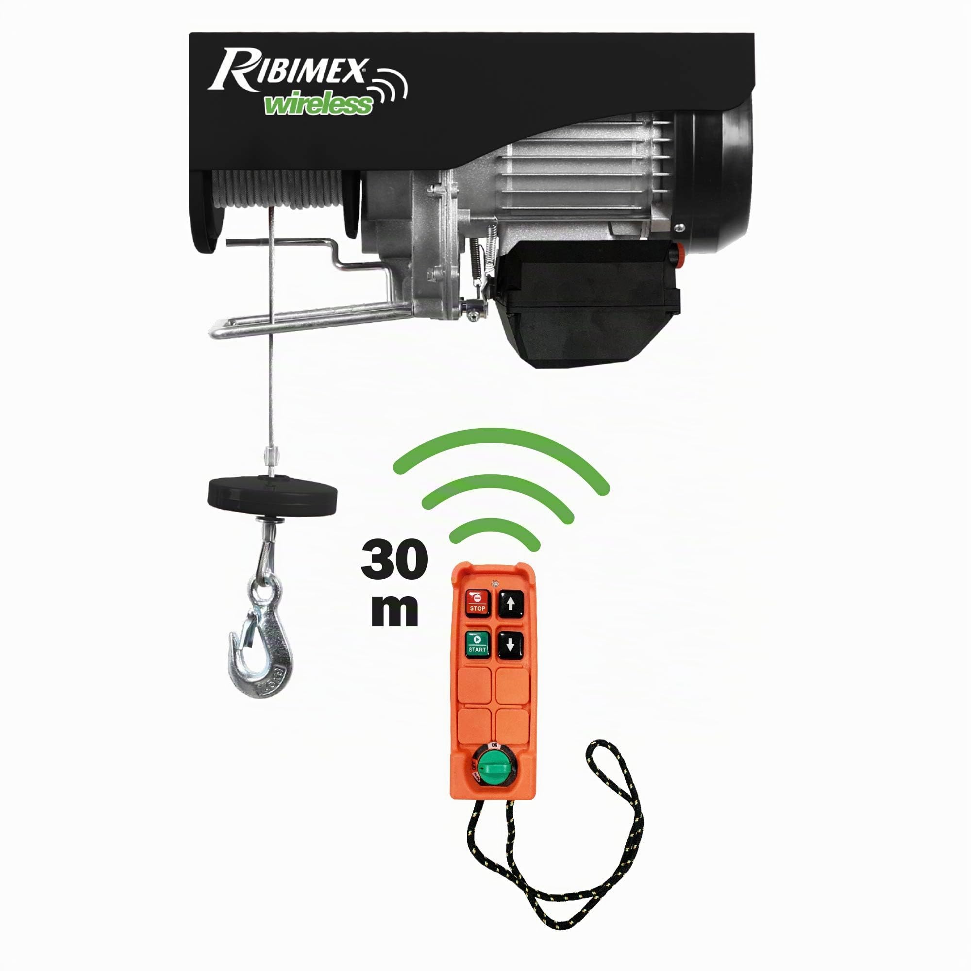 Ribimex PE200/400T Paranco eléctrico teledirigido 200/400 kg, cuerda 18 m, 230 V, negro