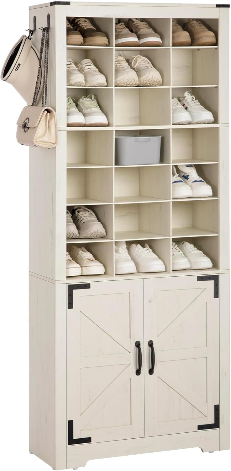 Hzuaneri Shoe Storage Cabinet with Doors, 10 Tiers Tall Shoe Cabinet Wood, 30 Pairs Farmhouse Shoes Cubby Organizer, Freestanding Entryway Shoes Rack for Closet, Bedroom, Rustic White SR20914X