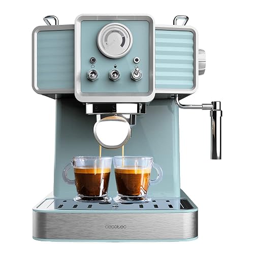 Cecotec Cafetera Express Power Espresso 20 Tradizionale Light Blue. 1350 W, Espresso y Cappucicno, 20 Bares y Thermoblock, Vaporizador, Manómetro, Diseño Vintage, Capacidad 1,5 Litros