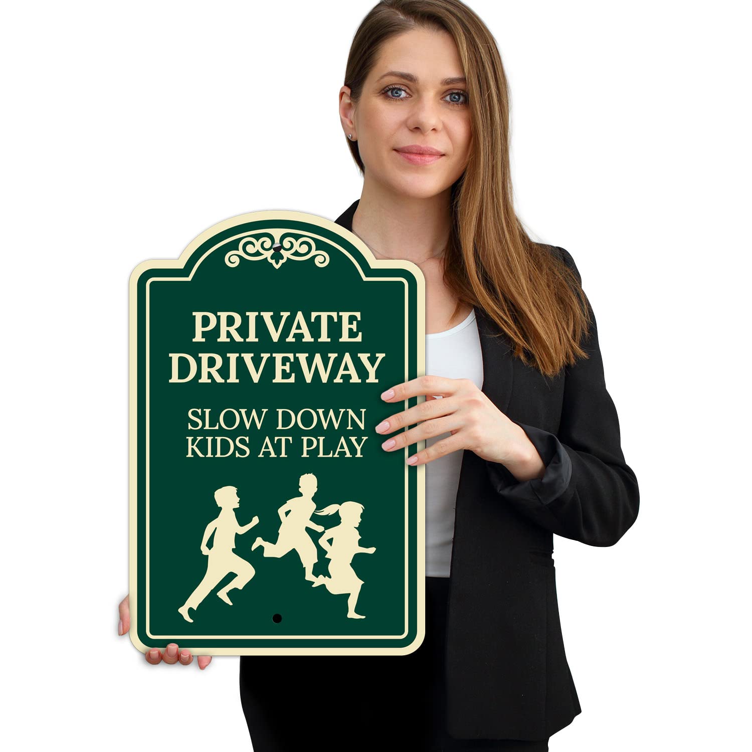 Private Driveway Slow Down Kids at Play Décor Sign, Green Dark, 12x18 Inches, ACM, Fade Resistant, Made in USA