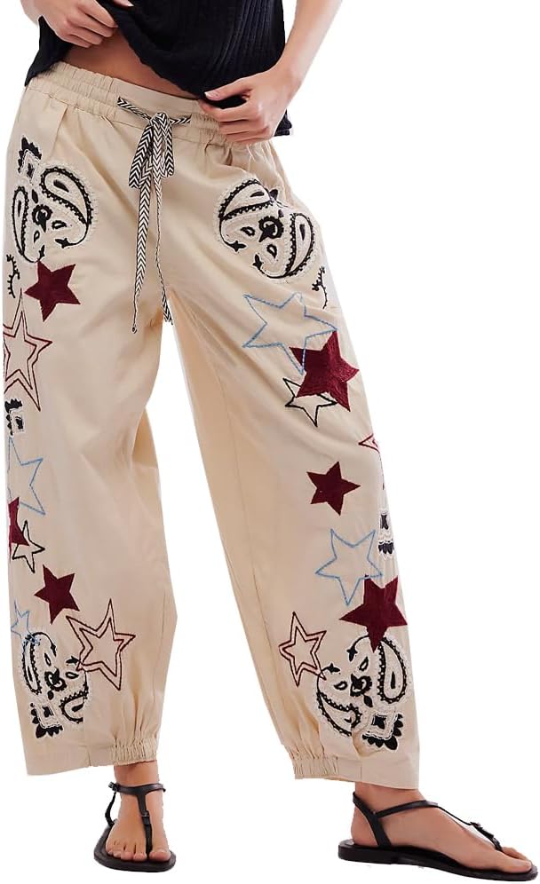 Kedera Mid Rise Barrel Starry Print Jeans for Women Embroidered Wide Leg Denim Pants Boyfriend Baggy Jeans with Pockets