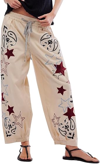 Kedera Mid Rise Barrel Starry Print Jeans for Women Embroidered Wide Leg Denim Pants Boyfriend Baggy Jeans with Pockets