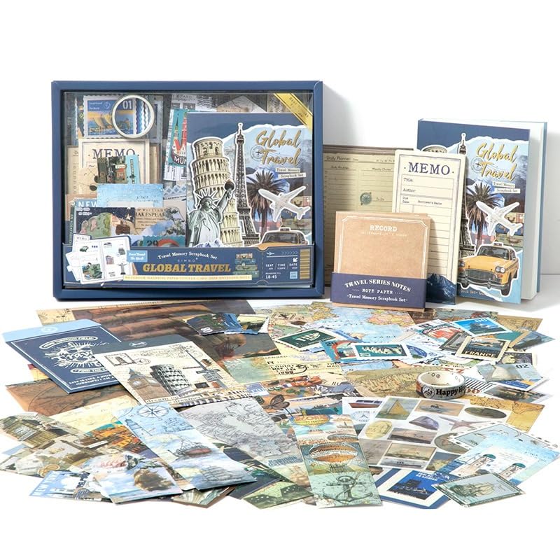 Image of WEMOL Vintage Journal Scrapbook Pack Kit for Art Journaling Bullet, Planners DIY Paper Stickers, Craft Kits Notebook, Collage Album Aesthetic Sticker (Blue Global Travel)