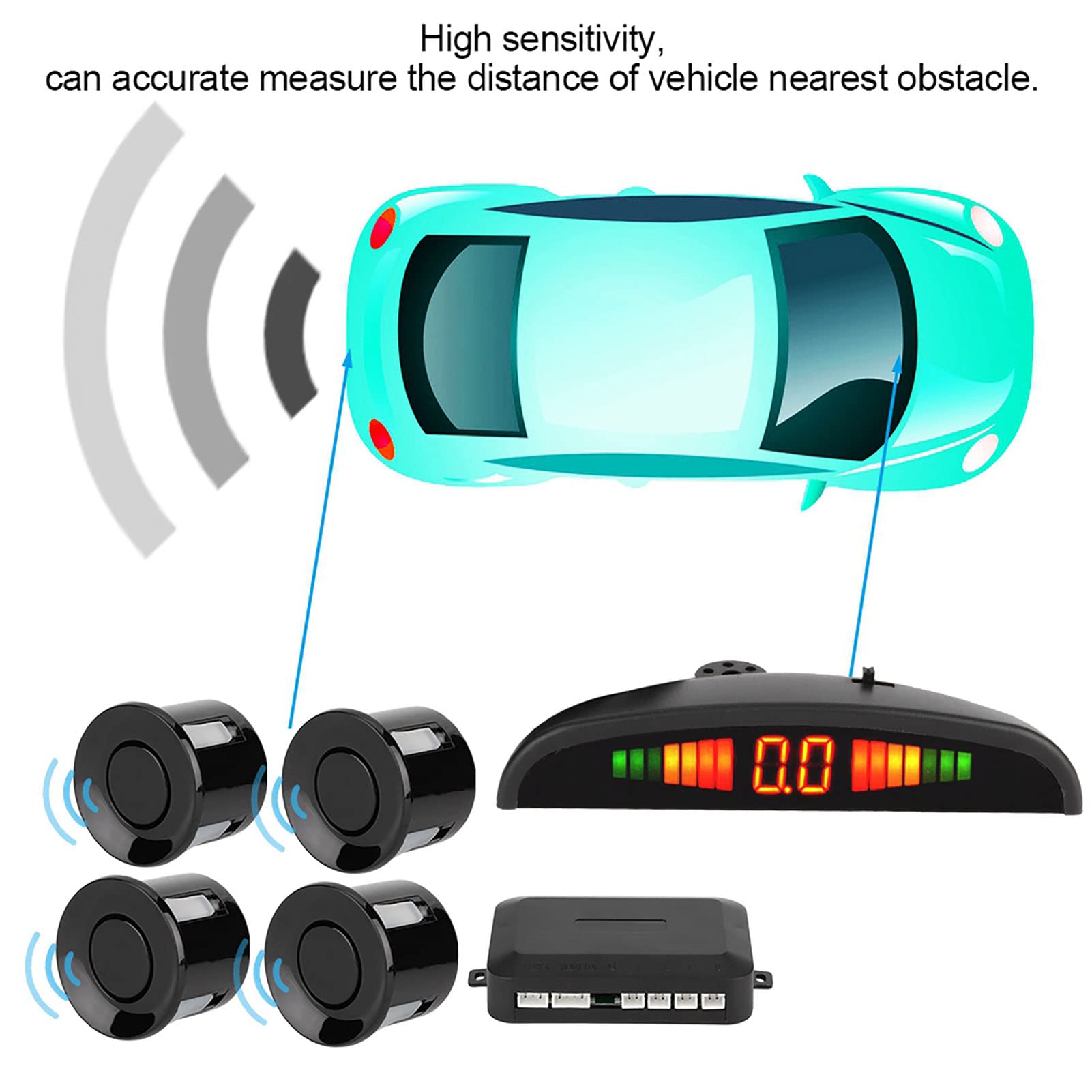 Sensor De Aparcamiento,DC 12 V 4 sensores de aparcamiento, sistema de LED de radar trasero de marcha atrás de coche, alarma de sonido para Universal