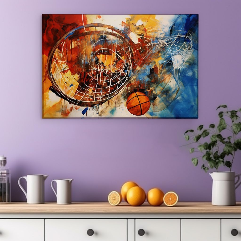 Canvas for Living room. Basketball Dynamism in Bold Strokes and Vivid Hues, 27 x 18 inch Canvas Wall Art - Contemporary Masterpieces - Modern Home Decor
