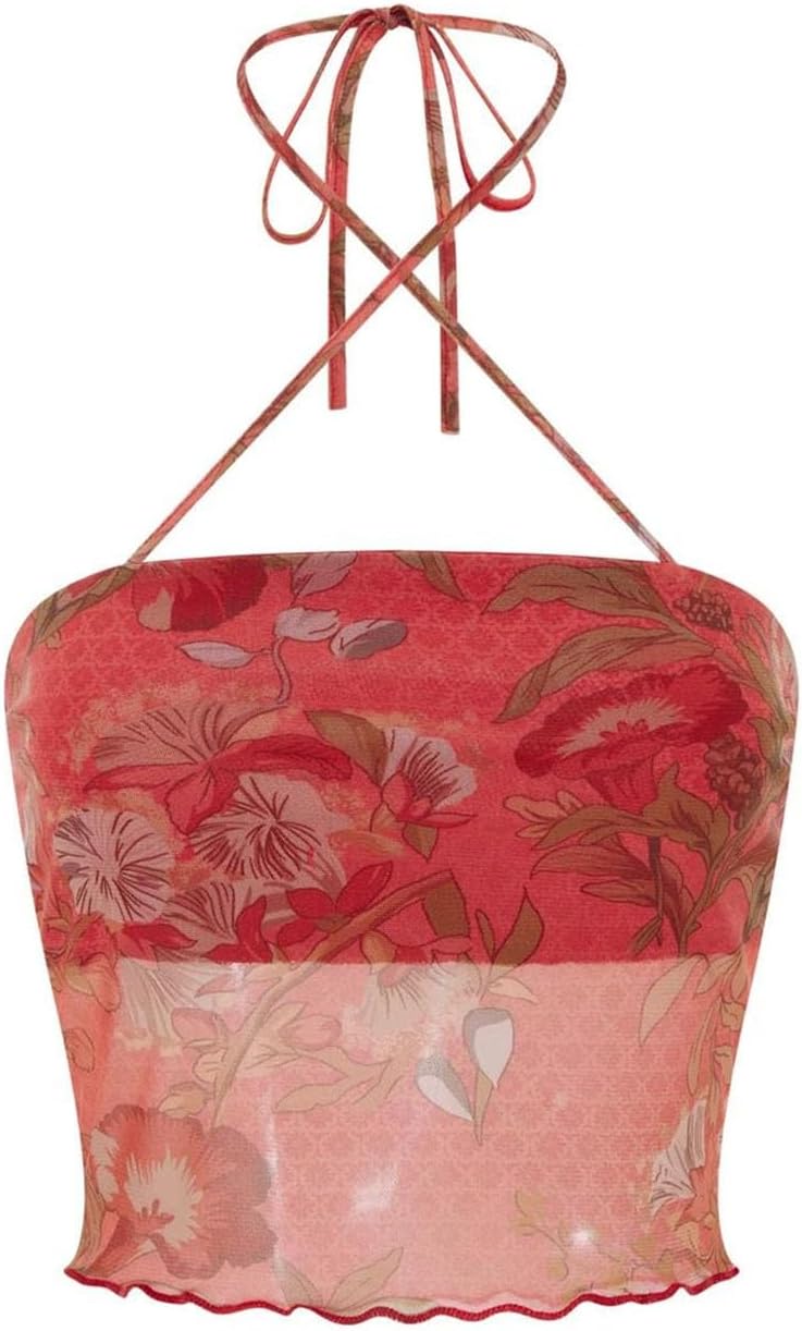 Women Summer Beach Tube Tops Sleeveless Floral Print Backless Aesthetic Slim Crop Tank