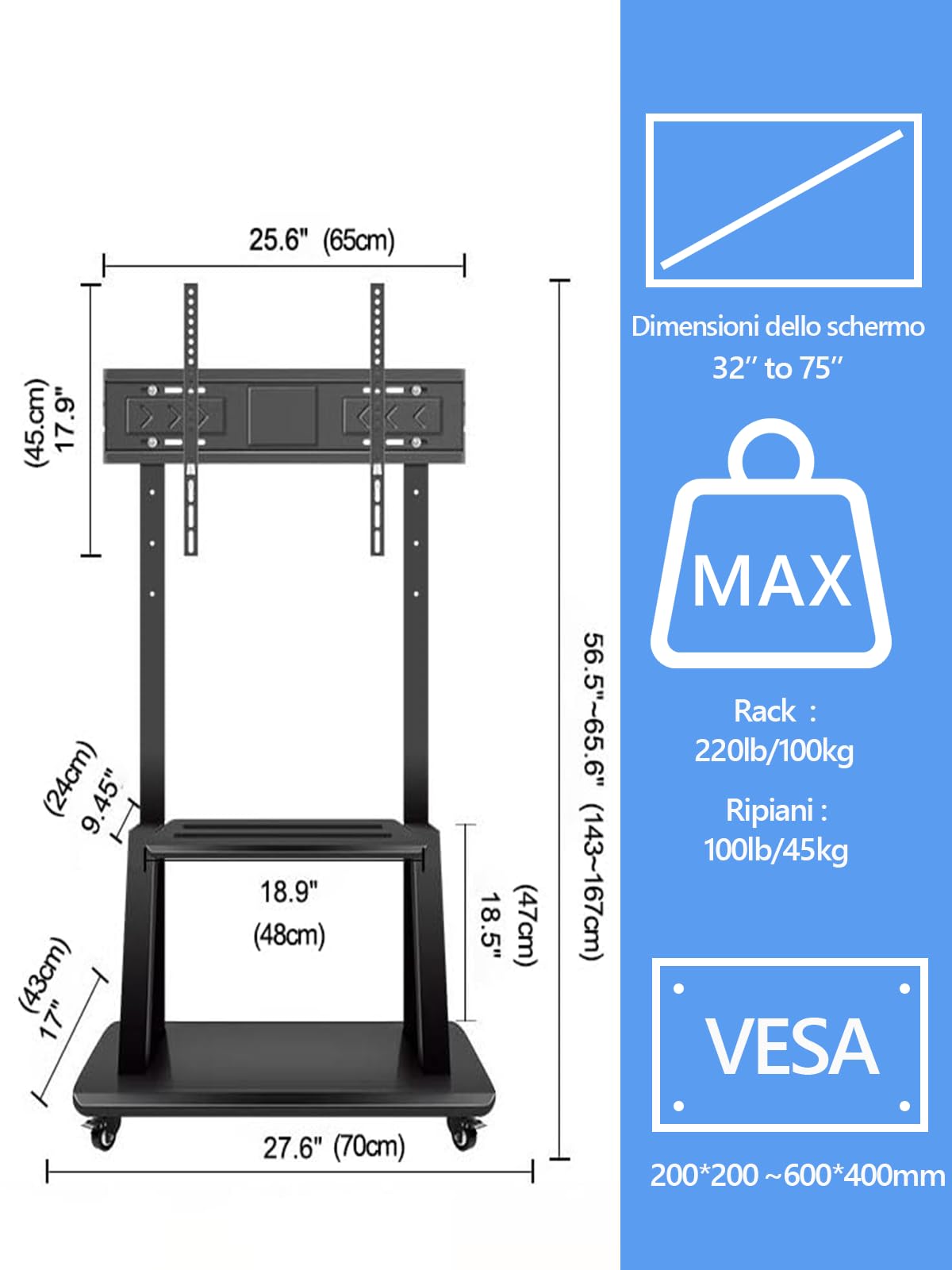 Hellsehen Supporto TV mobile, carrello TV rotabile su ruote regolabile in altezza, robusto supporto da pavimento per schermi piatti LCD LED OLED da 32 a 190,5 cm, lavagna interattiva mobile, capacità