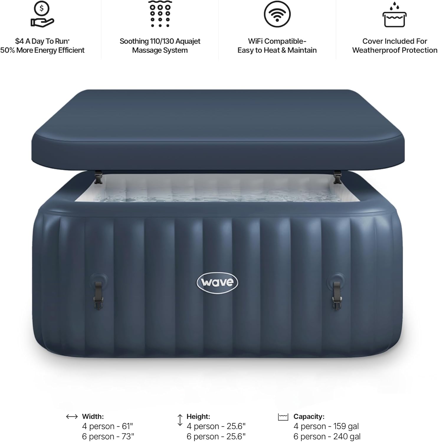 Wave Pacific Inflatable Hot Tub | Integrated Eco Heater | 110 Aquajet Massage System | Anti-Freeze Protection | Quick 15-Minute Setup (Navy, 4 Person | EnergySave Bundle)