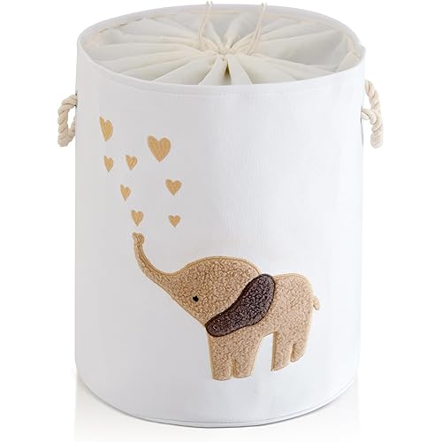 INough Baby Laundry Basket Laundry Hamper, Canvas 58L XL Baby Clothes Basket, Collapsible Brown Laundry Basket for Nursery Toy Baskets with Drawstring Closure, KidsRoom Decor for Boys